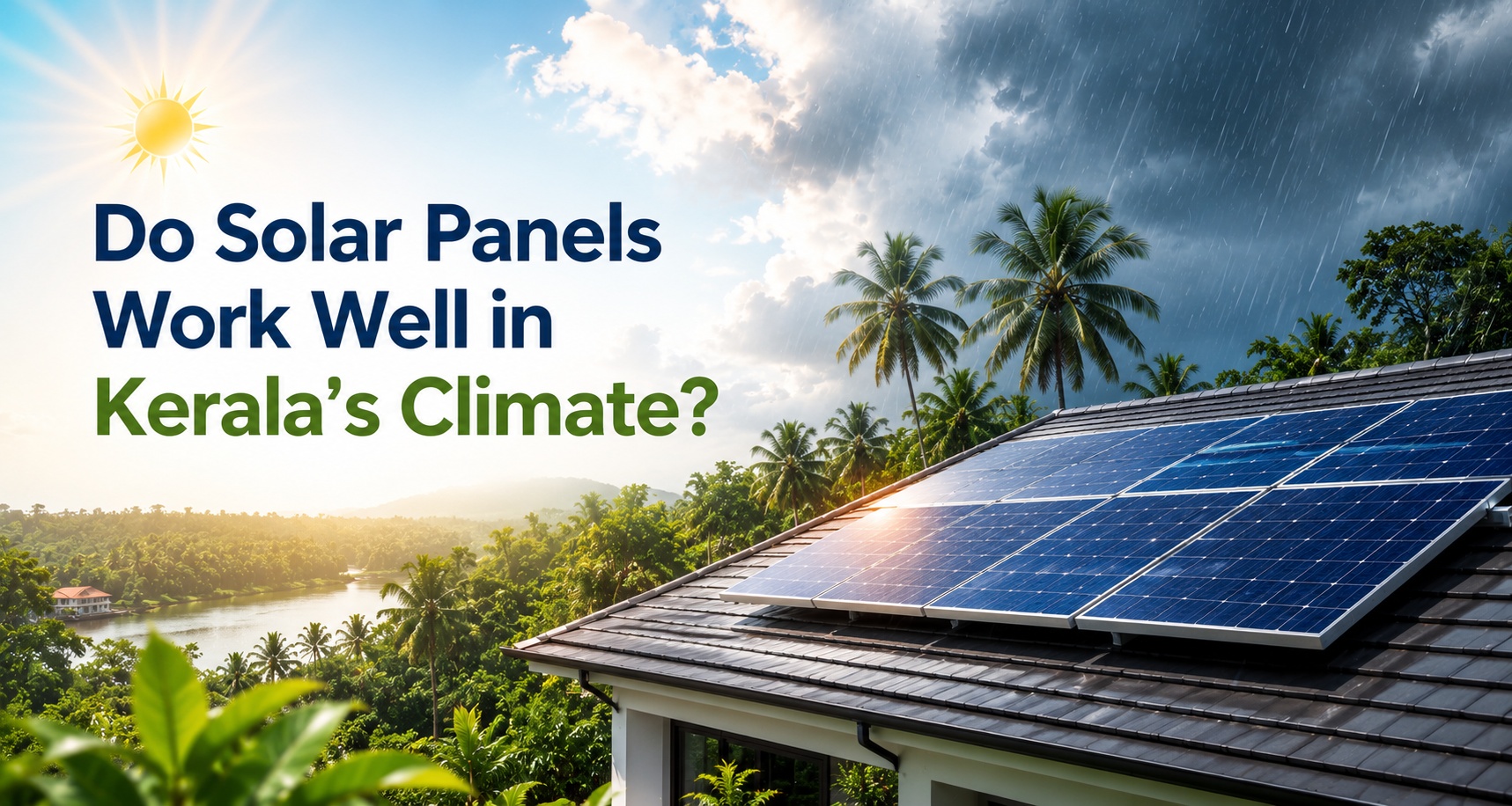 Solar panels installed on a residential rooftop in Kerala generating electricity under a partly cloudy sky.